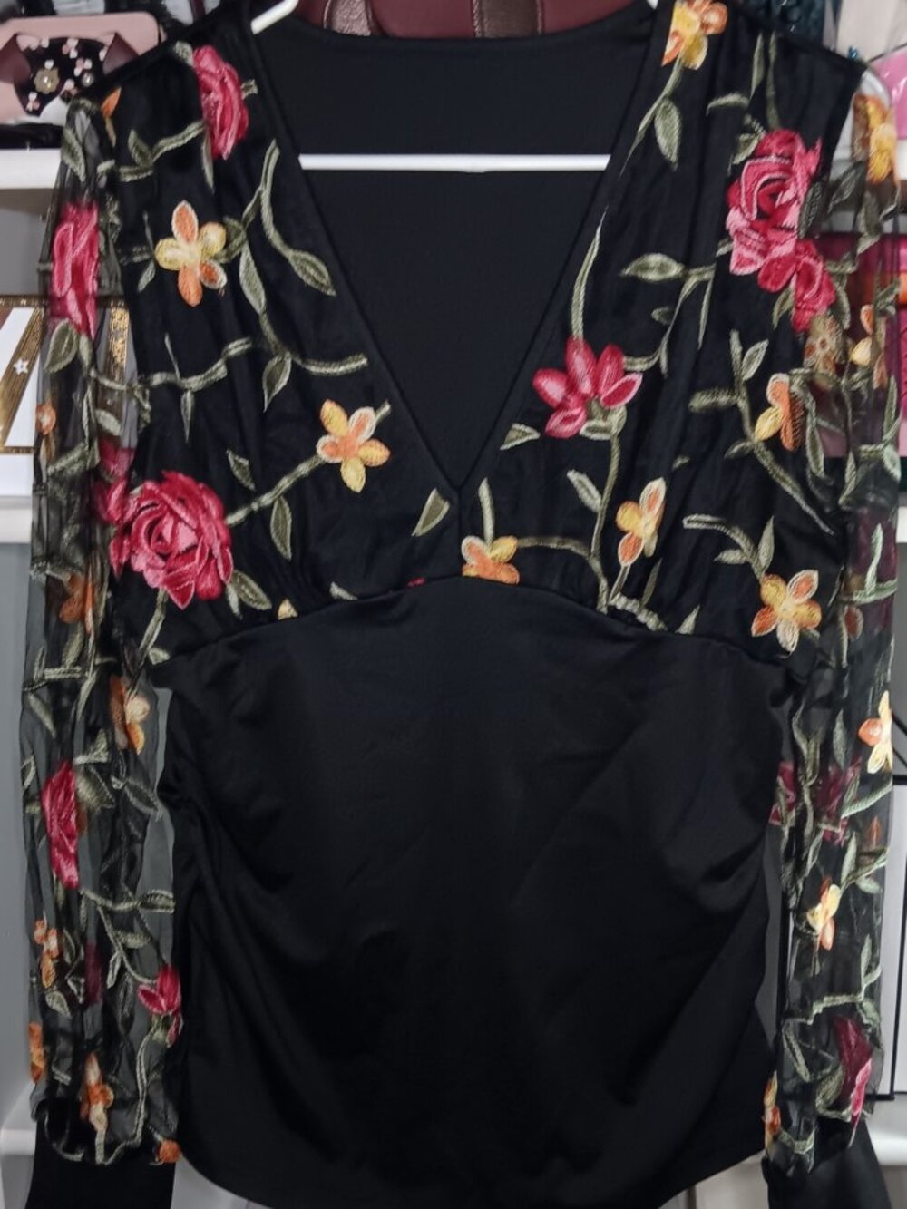 NEW BLACK BLOUSE WITH FLORAL SHEER SLEEVES